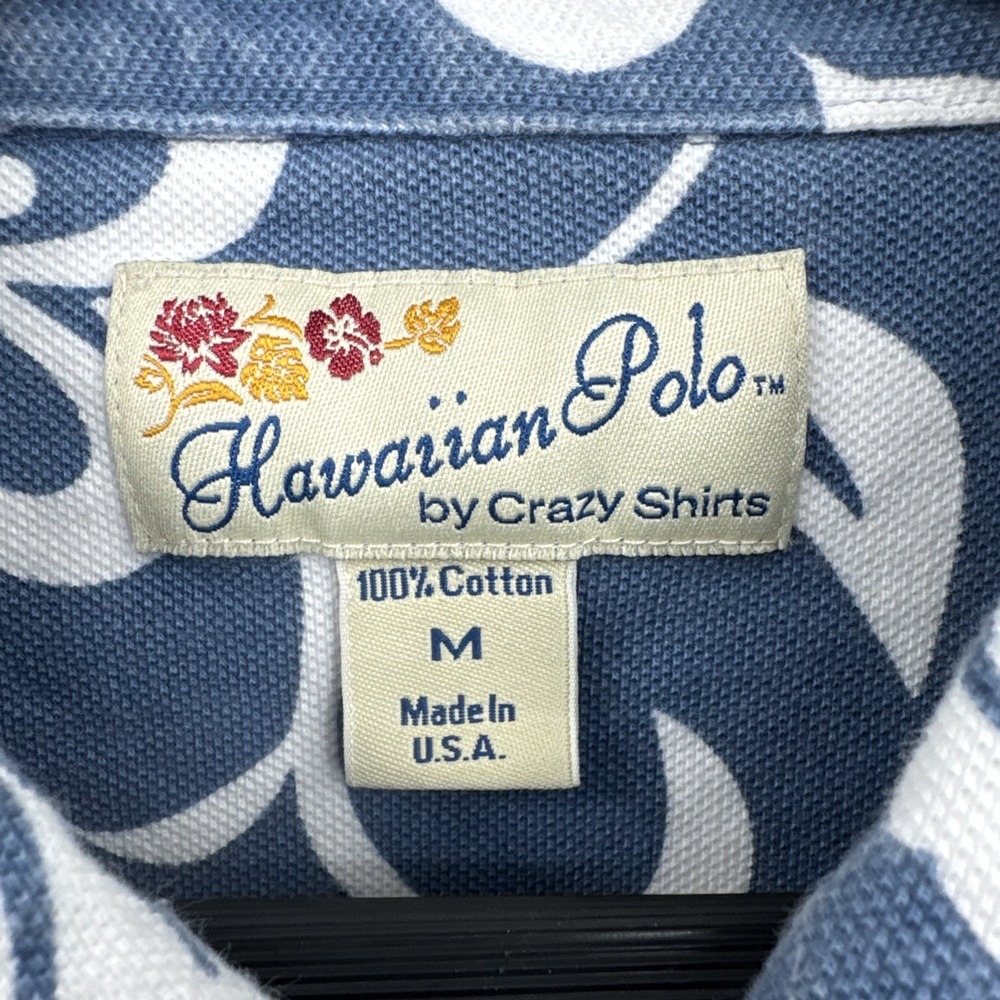 Crazy Shirts Size M VTG 100% Cotton Blue & White Floral Hawaiian Polo Shirt - Picture 3 of 13
